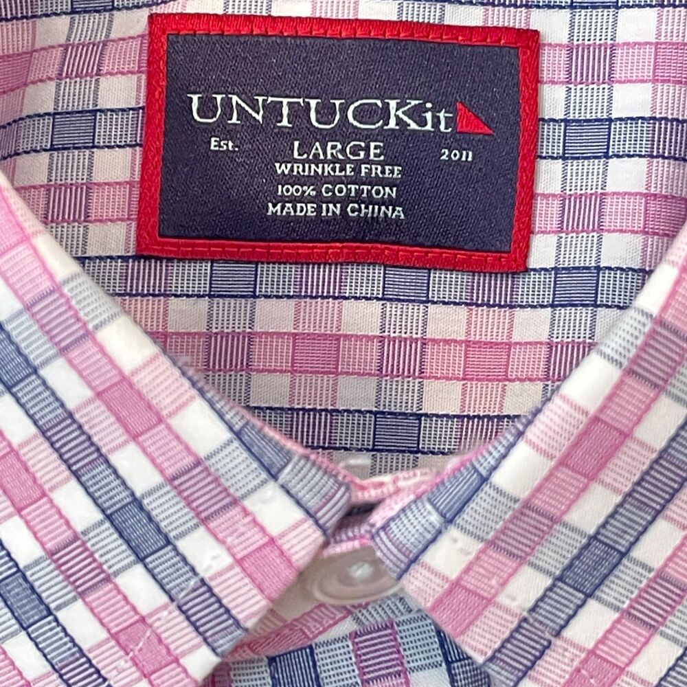 ~ UnTuckit Lg Wrinkle-Free Shirt Preppy Pink/Purple Blue Check Plaid Long Sleeve